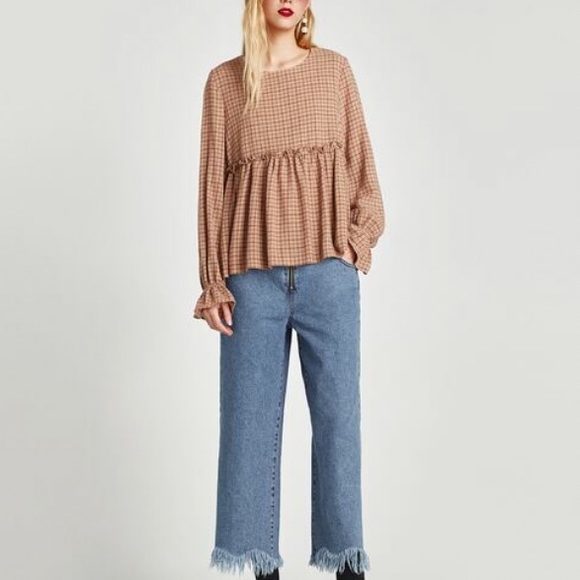 Zara Tops - Zara Check Cottagecore Long Sleeve Top Tan